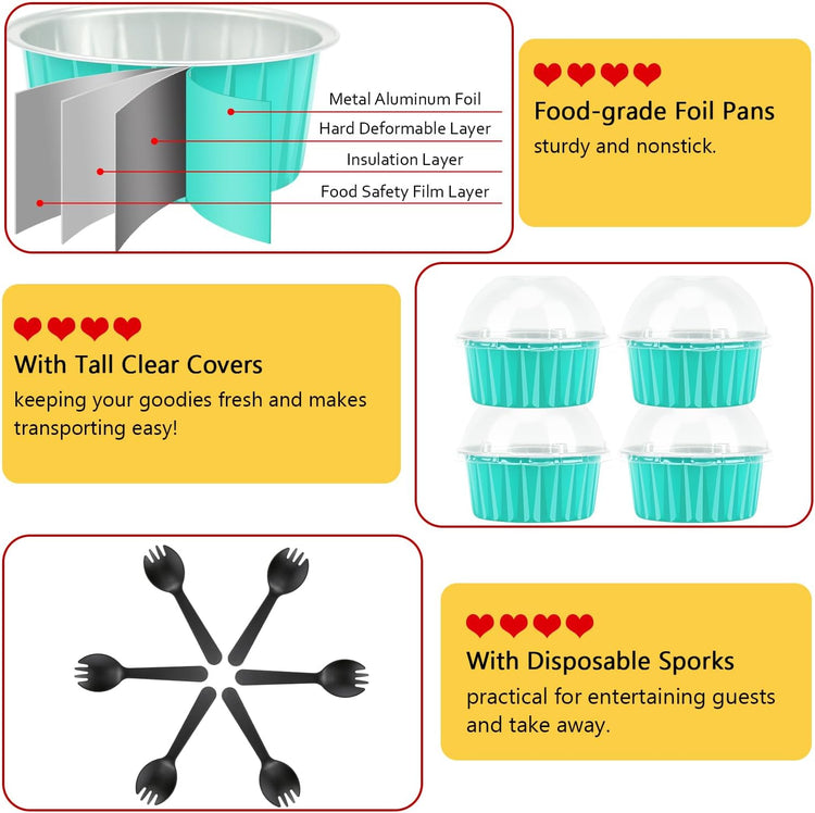 Cupcake Pans with Dome Lids 100 Pack,LNYZQUS 5oz Mini Aluminum Baking Pans Cupcake Cups Muffin Tin,Disposable Ramekins Mini Cake Pans Cupcake Containers Holders -Cyan Blue