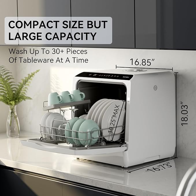 Hermitlux Portable Countertop Dishwashes, 5 Washing Programs Mini Dishwasher with 5-Liter Built-in Water Tank for Apartments & RVs, Tabletop Dishwasher with LED Light & Glass Door, No Hookup Needed