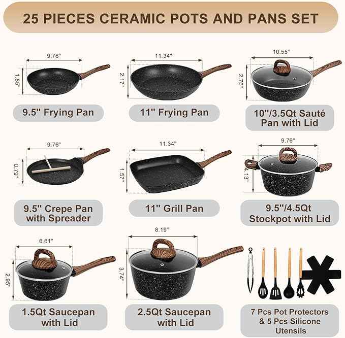 EWFEN Nonstick Pots and Pans Set, 25-Piece Ceramic Cookware Set, Induction Kitchen Cooking Set with Frying Pans Saucepans & Utensils, Healthy Non-toxic, PFAS/PTFE/PFOA Free, Black