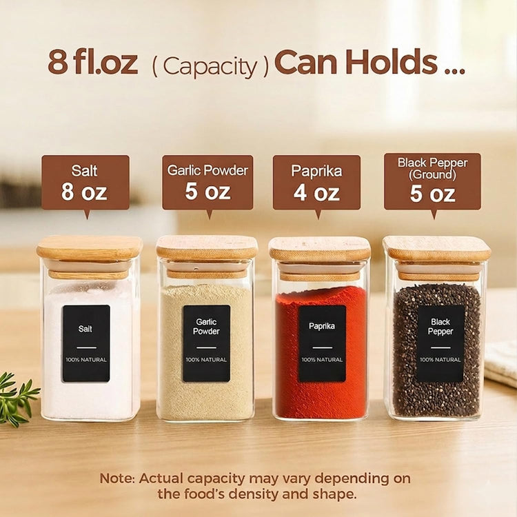 Glass Spice Jars with Labels 8 oz 12 Pack Square Bamboo Lids (12 Count)