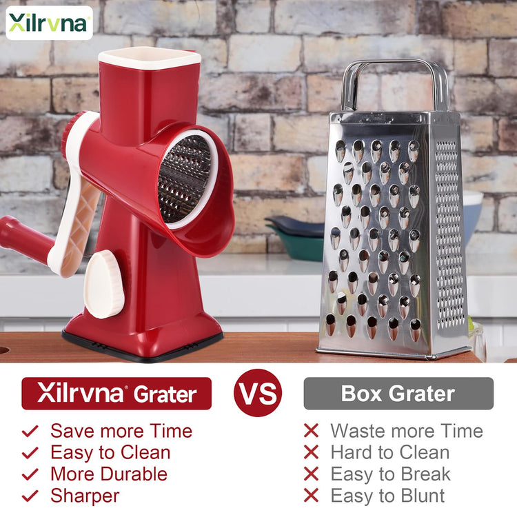 Rotary Cheese Grater with Handle Kitchen Shredder Slicer Grater Slicer Ice Shaver Cheese Vegetable Nuts Potato Zucchini Chocolate 3 Interchangeable Blades