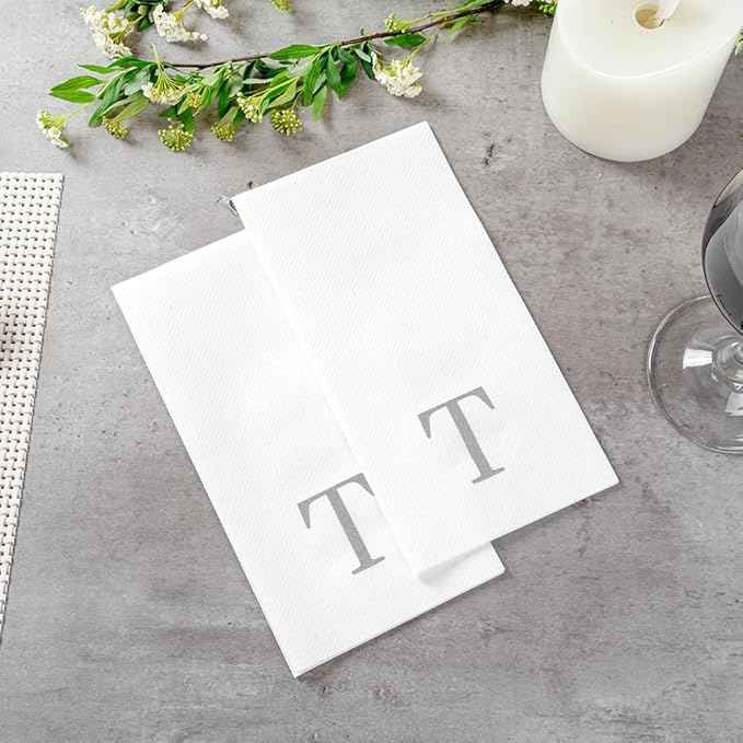 Luxenap 15.8 X 7.9 Inch Linen-Feel Guest Towels, 50 Lettered Hand Towels - Silver Letter 'T', Sans Serif Font, White Paper Dinner Napkins, airlaid, For Restrooms And Tables - Restaurantware