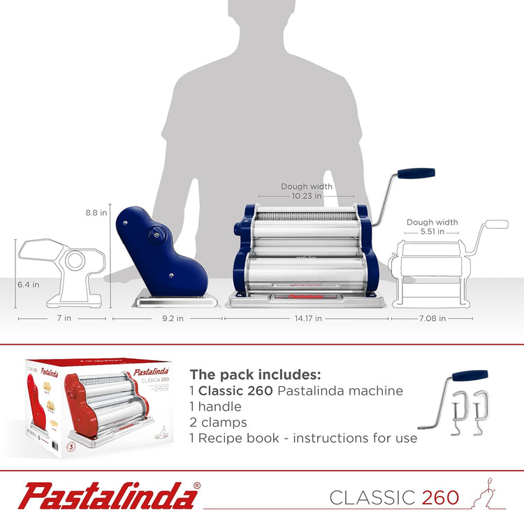 PASTALINDA Classic 260 Pasta Maker Machine, 26 cm Wide Rollers, 9 Thickness Positions, 2 Cutting Positions, Stainless Steel. Includes Reinforced Hand Crank And Two Clamps (Navy blue)