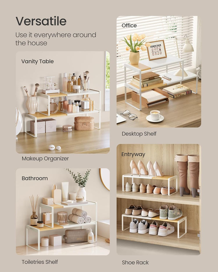 SONGMICS HOME Spice Racks, Expandable Cupboard Shelf Orgnizers, Kitchen Counter Shelves, Bamboo and Metal, Space-Saving Shelving, Stackable, Light Bamboo and Cream White UKCS051N01