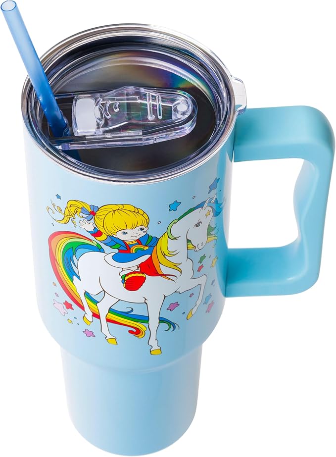Silver Buffalo Rainbow Brite Featuring Starlite Stars Double Walled Stainless Steel Tumbler with Handle and Straw, Fits in Standard Cup Holder, 40 Ounces