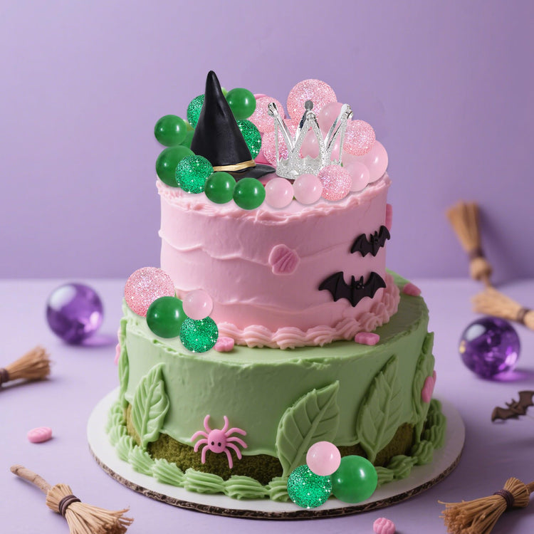 42 pcs Foam Ball Cake Toppers with Witch Hat and Crown Decorations Cake Decorations for Witch Theme Party Decor Pink and Green Decorations Supplies (42 Count)
