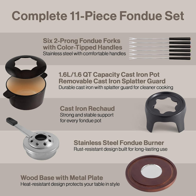 Swissmar Sierra Cast Iron Fondue Set, 1.6 Quart / 1.6 Liter – Perfect for Meat, Cheese, & Chocolate Fondues – Ideal for Family Bonding & Hosting Gifts - 12-Pieces, Metallic Black