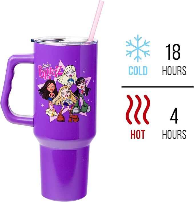 Silver Buffalo Bratz Featuring Cloe, Yasmin, Jade, and Sasha Double Walled Stainless Steel Tumbler with Handle and Straw, Fits in Standard Cup Holder, 40 Ounces