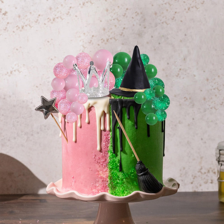 42 pcs Foam Ball Cake Toppers with Witch Hat and Crown Decorations Cake Decorations for Witch Theme Party Decor Pink and Green Decorations Supplies (42 Count)