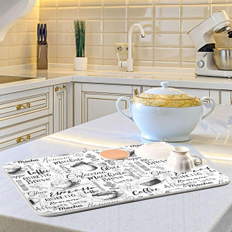 Coffee Cups Print Dish Drying Mat for Kitchen Counter Absorbent Microfiber Drying Pad, Medium 16x18 in, Reversible Drainer Mats