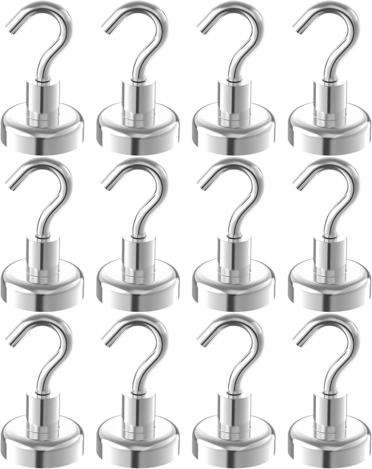 Strong Magnetic Hooks with 1 Inch Dia Magnet Base, 80lbs - 12Pack Heavy Duty Rare Earth Magnet Hook for Refrigerator,Extra Strong Cruise Hook for Hanging, Magnetic Hanger for Cabins, Grill
