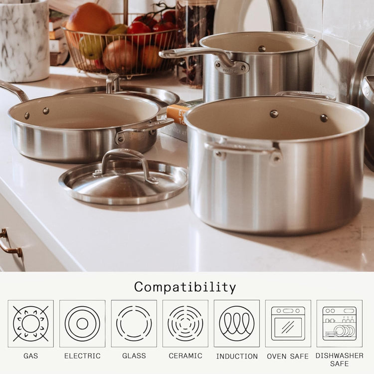 Cookware - 7-Piece CeramiClad Non Stick Pot and Pan Set (Stainless Handle) - 5-Ply Stainless Clad - Professional Cookware - Crafted in Italy - Induction Compatible