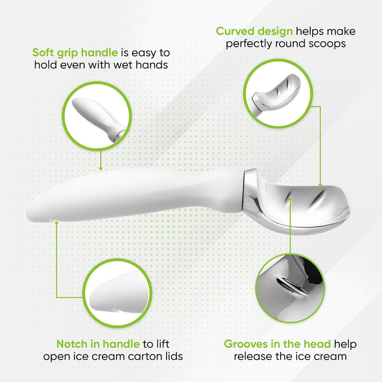 Spring Chef White Commercial Ice Cream Scoop with Comfortable Handle - Heavy Duty Metal Ice Cream Scooper for Frozen Yogurt, Gelato, Sorbet, Melon, Sundae - Dishwasher Safe Kitchen Tool