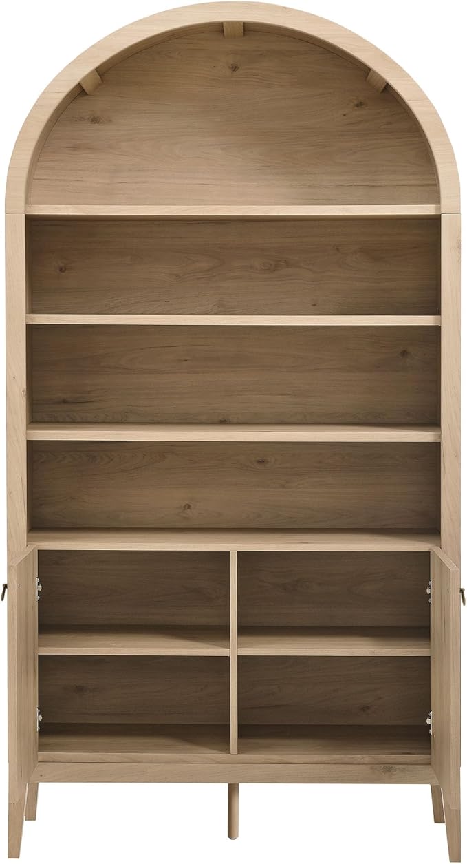 Modway Nolan Tall Arched Storage Display Cabinet in Light Oak - 74 Inch Arch Bookshelf with Open and Closed Shelving - Modern Accent Cabinet for Living Room, Dining Room