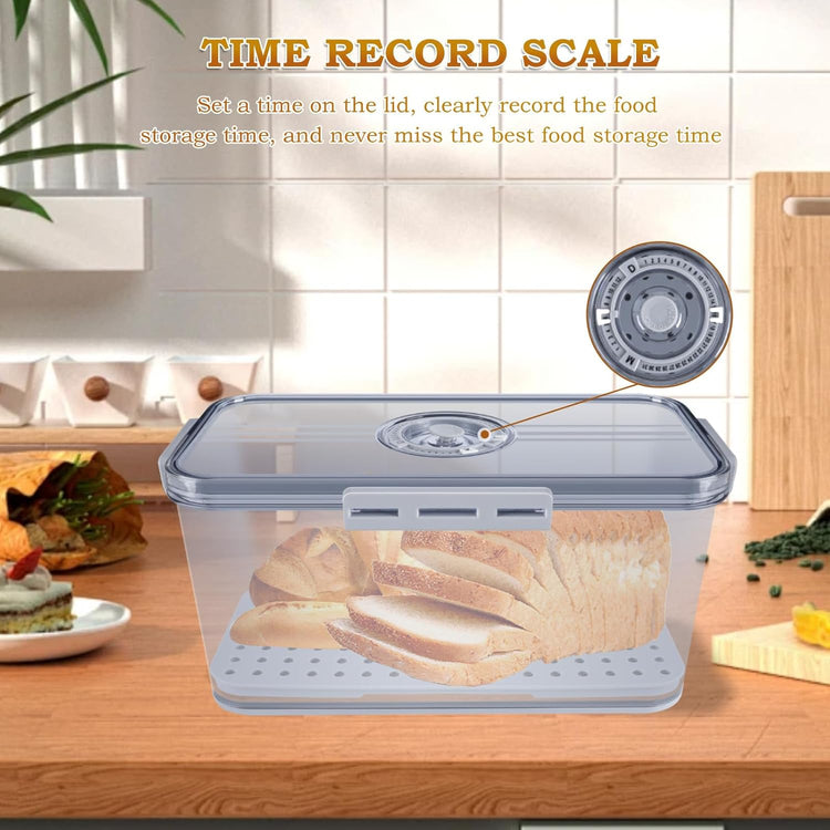 Bread Box for Kitchen Counter, Time Recording Bread Storage Container with Lid,Transparent Bread Storage Device with Drainage Pad, Homemade Bread Storage Container, Toasted Bread 11.81“x6.29”x3.93"