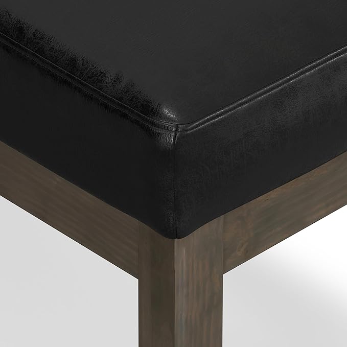 SIMPLIHOME Milltown Small Ottoman Bench - 27 inch Wide Upholstered Vegan Leather Rectangle Footstool Ottoman in Distressed Black, Contemporary Bench for Bedroom with Cushioned Seat, Assembled