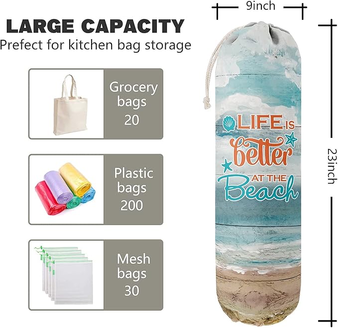 Life is Better at The Beach, Grocery Bags Holder Organizer for Shopping Bags,Wall Mount Plastic Bags Storage Container Dispensers, Gift for Women Mother Grandmother Friend