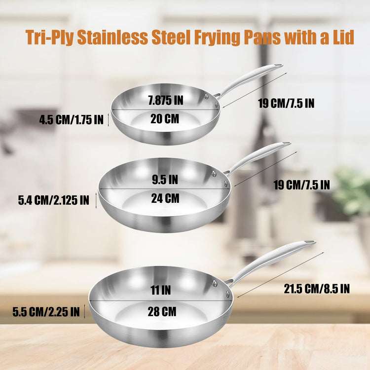 8”/9.5”/11” Stainless Steel Pans Set with Lid, Riveted Handle