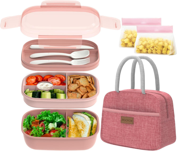 JBGOYON® Bento Lunch Box Set - 3 Stackable Containers for Adults and Kids,lunch box for women- Includes Lunch Bag, Leak-Proof and BPA-Free - Built-in Utensil Set - Dishwasher Safe (Pink)