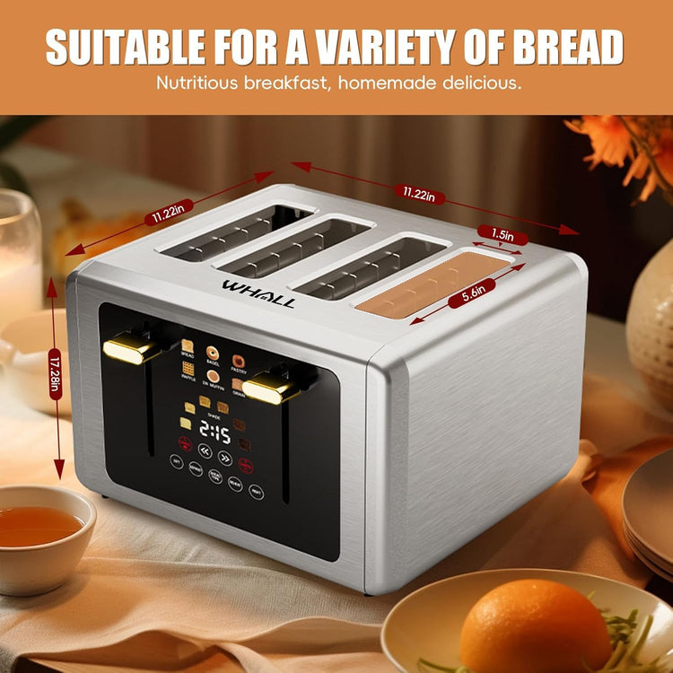 whall 4 Slice Touch Screen Toaster, Stainless Steel Toasters Digital Timer, Dual Control Panel Toasters,6 Shade Settings&6 Bread Types, Smart Wide Slots, Bagel, Cancel, Defrost,Flat lever White