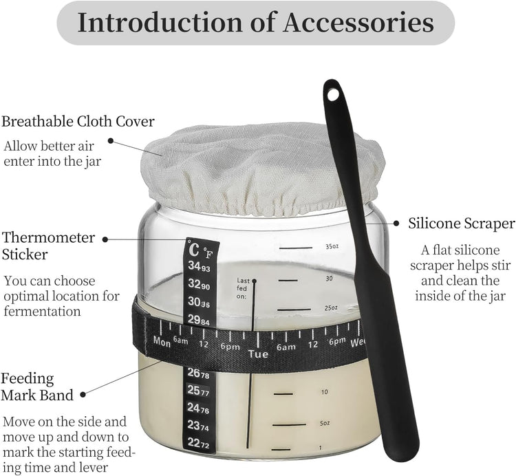 Sourdough Starter Jar 2Pack,Wood Sealed Lid with Automatic Exhaust,35OZ with Ounce Scale Line,Date Marked Feeding Band, Thermometer, Sourdough Jar Scraper,Wide Mouth for Sourdough Bread Baking