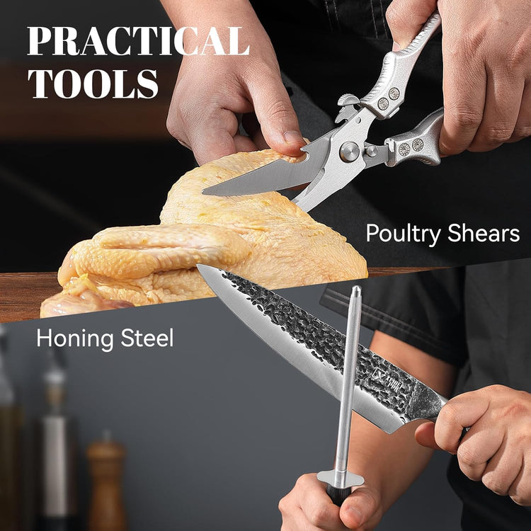 9 Pieces Knife Set with Block, Hand Forged High Carbon Steel Sharp Blade Cooking Knives Set with Holder for Kitchen, Block Chef Knife Set Professional, Best Gifts for Men Women