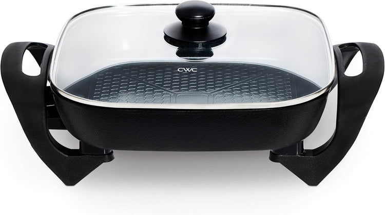COOK WITH COLOR Electric Skillet - 12" x 12" Ceramic Nonstick Pan, PFAS-Free, 1400W, Tempered Glass Lid, Variable Temperature, Removable Heating Probe, Cool-Touch Handles, Black