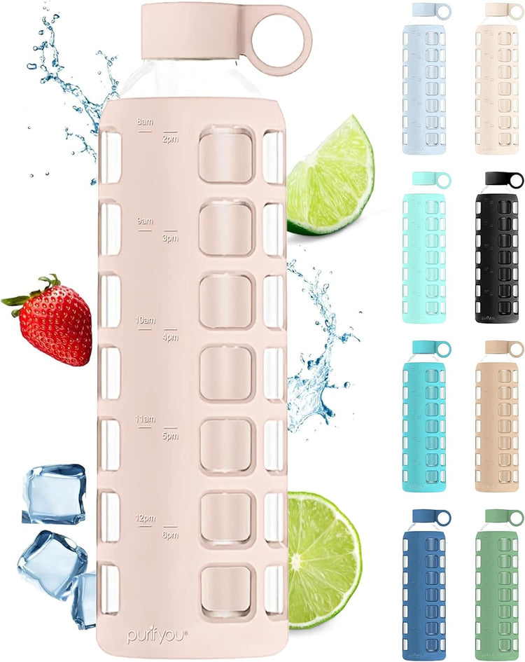 purifyou 40oz / 32oz / 22oz / 12oz Borosilicate Glass Water Bottle with Time & Volume Markers, Silicone Sleeve, Stainless Steel Lid – Reusable Glass Bottle for Water & Juice (32oz Hazelnut)