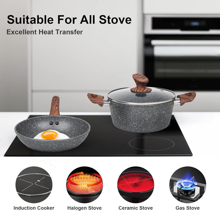 Granite Pots and Pans Set Non Stick, 11 Piece Die-Cast Induction Cookware Set, Nonstick Kitchen Cooking Set w/Frying Pans & Saucepans(PFOS,PFOA,PFAS,PTFE Free)