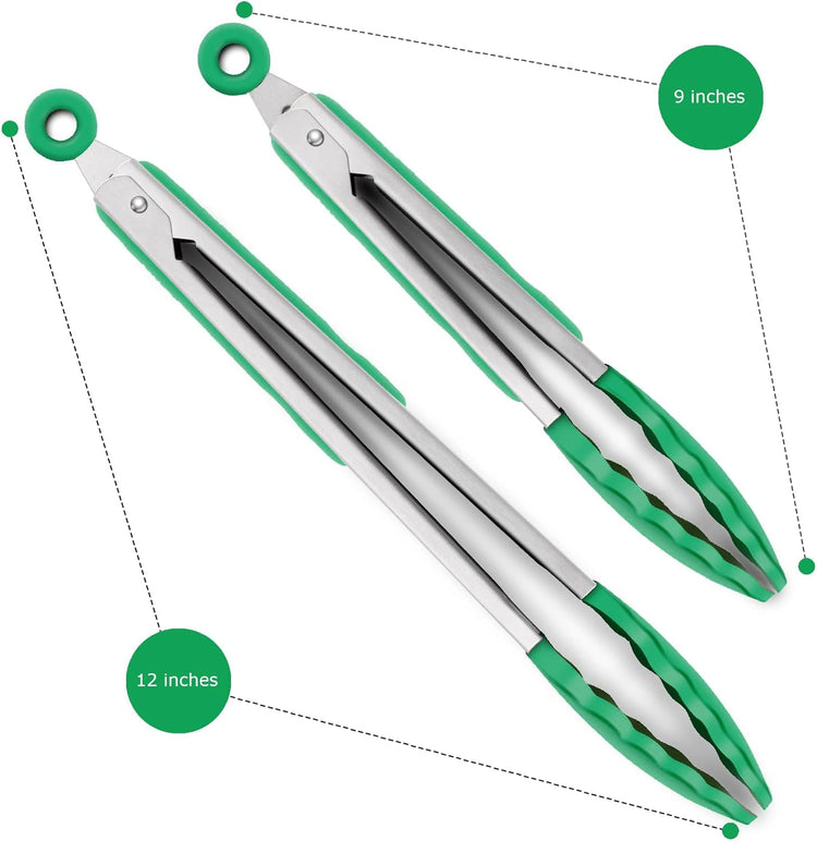 9-Inch & 12-Inch Premium Stainless Steel Food Tongs, Turquoise Silicone BPA Free Non-Stick BBQ Cooking Grilling Locking Kitchen Tong