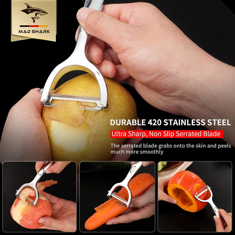 MAD SHARK Ultra Sharp Vegetable Peelers for Kitchen Fruit Apple Potato Peelers,Design with Ergonomic Non-Slip Handle, Y-Shaped Stainless Steel Serrated(Flat&Serrated Blade 2pc)