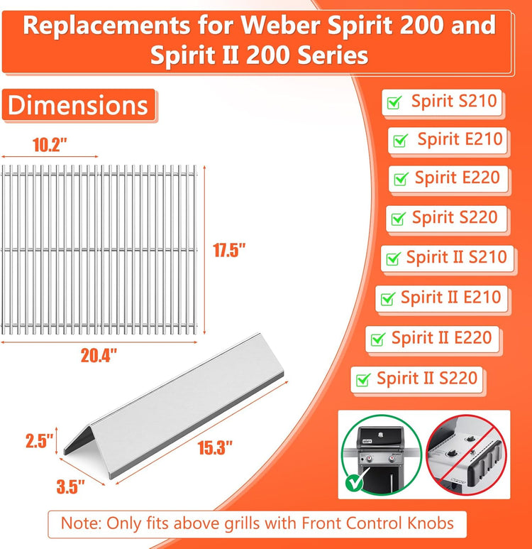 QuliMetal Upgraded SUS304 15.3" Flavorizer Bars & 17.5" Grates for Weber Spirit 200 Series (Front-Mounted Control), Spirit II E-210 Gas Grills Replacement, Grill Parts for Weber GS4 Spirit 7635 7637