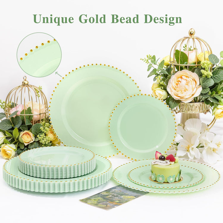 100pcs Green Plastic Plates with Gold Bead Design for Wedding (100 Count)