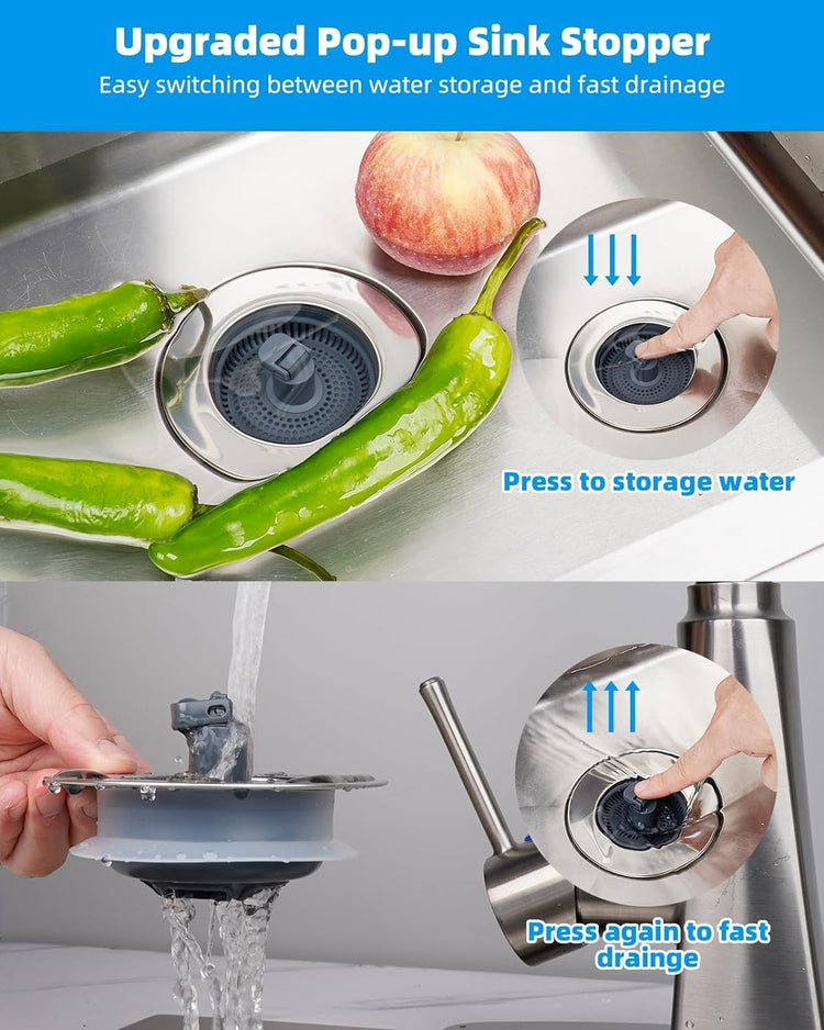 Hibbent 2 Pack 3 in 1 Kitchen Sink Drain Strainer and Stopper Combo, Chrome Stainless Steel Wraped Shell, 6 Anti-Clogging Basket Strainer with Foldable Handle for US Standard 3-1/2" Drain