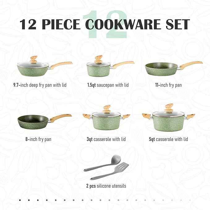 MAISON ARTS Pots and Pans Set Non Stick, 12 Piece Green Granite Kitchen Cookware Induction Compatible, Cooking Sets Pots and Pans Nonstick