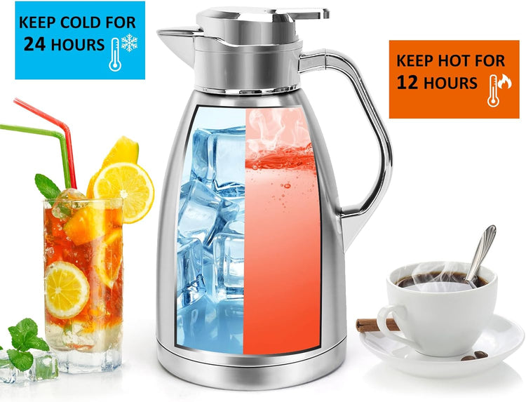 Coffee Carafes for Keeping Hot, ShineMe Stainless Steel Thermal Coffee Carafe with Cleaning Brush, Double Walled Vacuum Coffee Pot,61oz Insulated Tea & Coffee Dispenser, Long Heat/Cold Retention