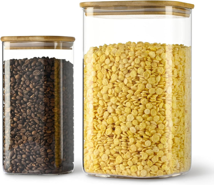 156oz 52oz Airtight Glass Square Storage Canister with Bamboo Lid Set of 2(4600ml*1 1550ml*1) Large Gallon Glass Jars for Sugar, Flour, Cookies and Coffee beans (with Black Lable)