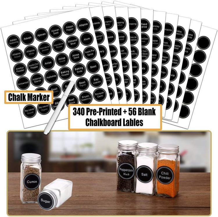 SWOMMOLY Spice Rack Organizer with 18 Empty Square Spice Jars, 396 Spice Labels with Chalk Marker and Funnel Complete Set, Spice Organizer for Countertop, Cabinet or Wall Mount, Black