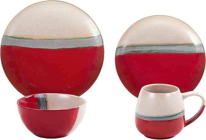 Paseo Road Pasadizo 16 Piece Ceramic Western Dinnerware Set with Plates, Bowls, Mugs, Red and Cream Brushstroke Waves Solid Pattern Rustic Cabin Style