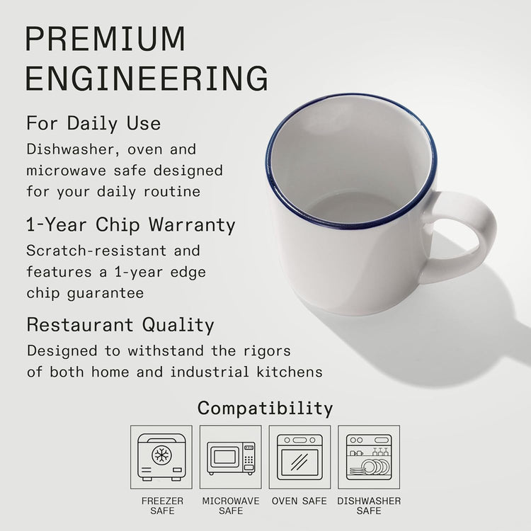Made In Cookware - Set of 4 - Coffee Mug Set - 12 oz - White With Navy Rim - Porcelain - Crafted in England - Dishwasher and Microwave Safe