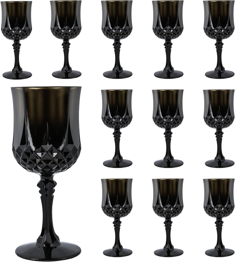 Plastic Wine Glasses,Plastic Goblets Vintage Style Cordial Drinking Glasses for Wedding Reception, Grand Event Party Supplies (12, Black)