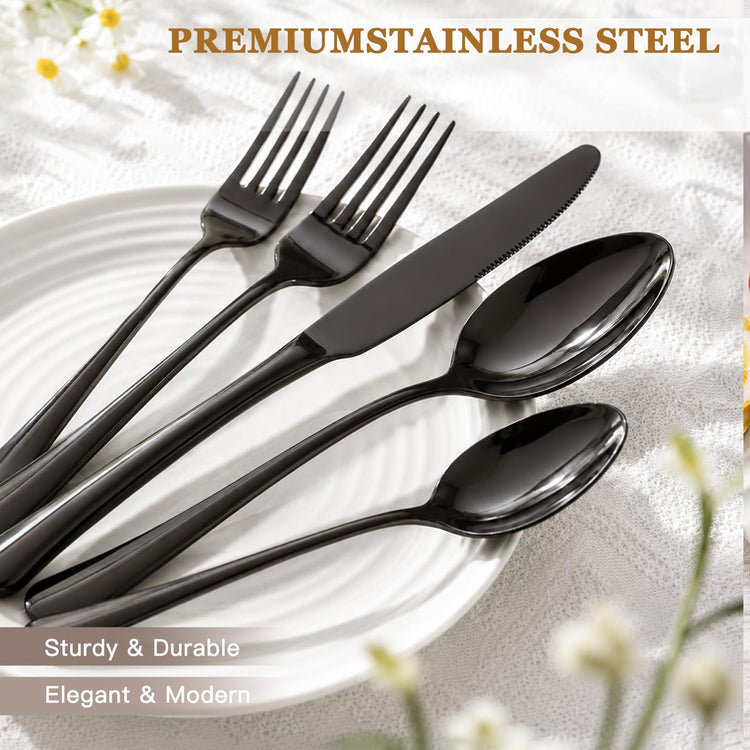24 Piece Black Silverware Set with Steak Knives Flatware Set for 4 Food (24 Count)