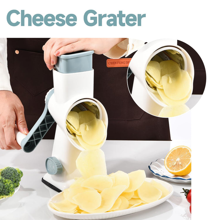 Rotary Cheese Grater with Handle Kitchen Shredder Slicer Grater Slicer Ice Shaver Cheese Vegetable Nuts Potato Zucchini Chocolate 3 Interchangeable Blades