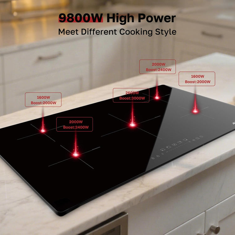 ThermoMate 36 Inch Induction Hob Electric Cooktop, 9800W Built in Induction Stove Top with 5 Boost Burners, 9 Heating Levels, Timer & Child Safety Lock, Sensor Touch Control, 240V