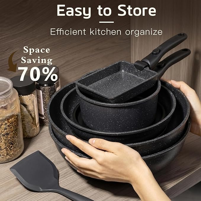 GiPP Ceramic Pots and Pans Set Non Stick, Nonstick Detachable Handle Cookware Sets, Healthy Non Toxic PFAS PFOA & PTFE Free, Dishwasher &Oven Safe, Induction Kitchen Pot and Pan, 17 Piece Gray