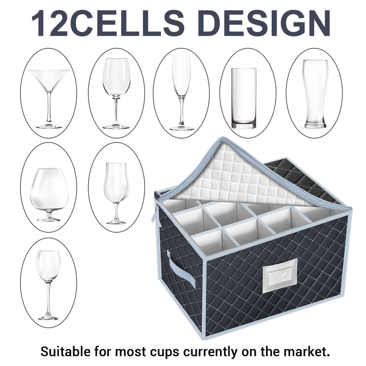 Wine Glass Storage Box with Dividers Holds 24 Stemware Storage Cases or China Crystal Glassware Containers with Handles and Lable Window (2 Count)