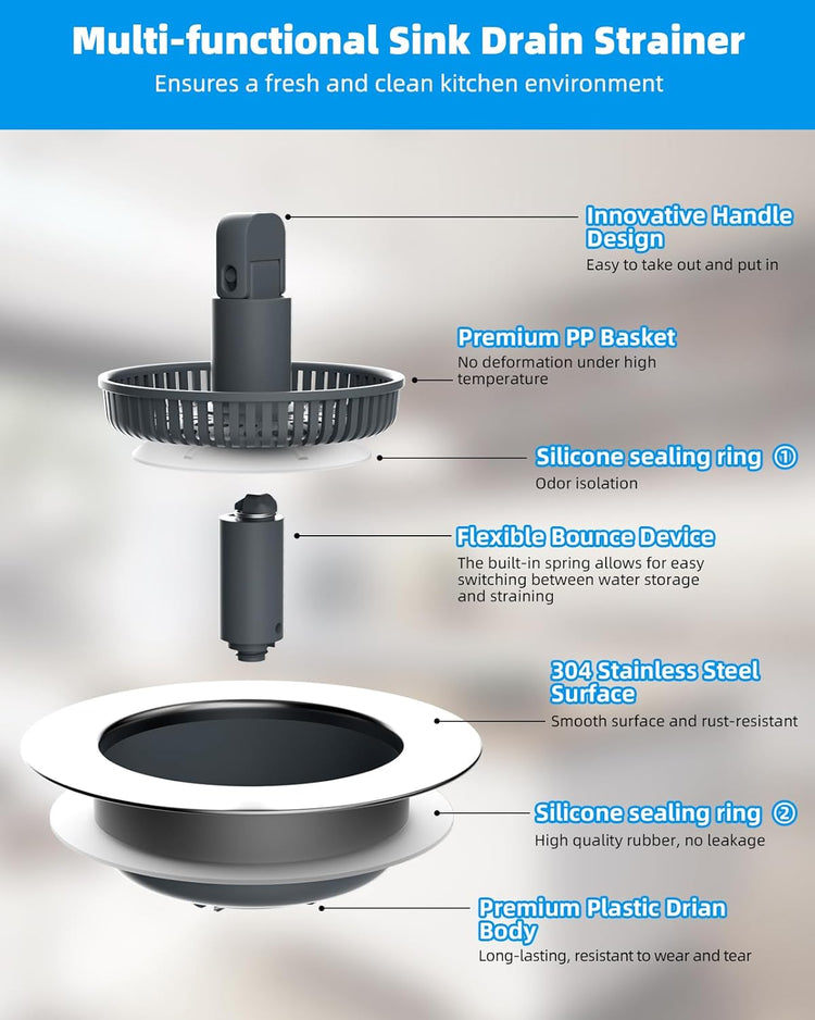 Hibbent 2 Pack 3 in 1 Kitchen Sink Drain Strainer and Stopper Combo, Chrome Stainless Steel Wraped Shell, 6 Anti-Clogging Basket Strainer with Foldable Handle for US Standard 3-1/2" Drain