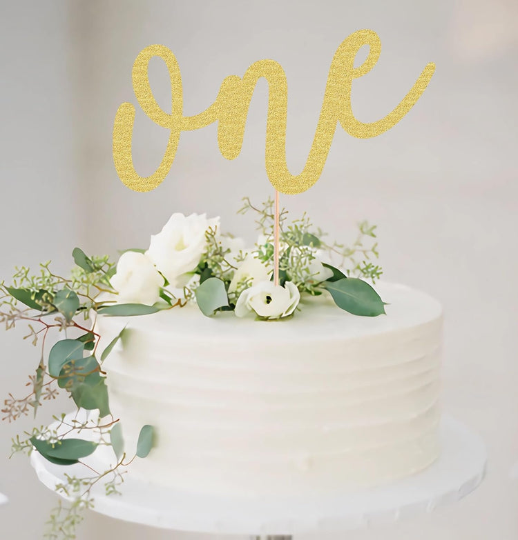 First Birthday Cake Topper - Gold Glitter One Cake Decorating Supplies for Girls and Boys, Perfect for Baby Shower/Gender Revealing Party/Baby Party Photo Booth Props