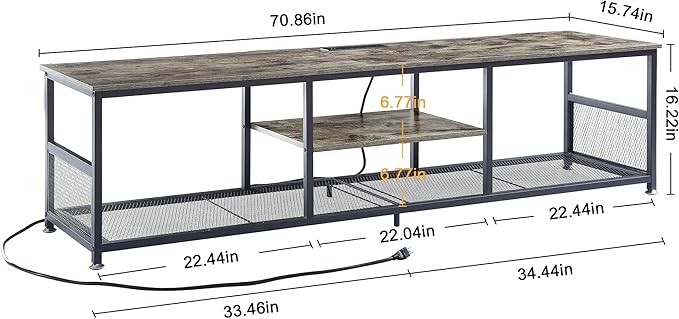VECELO TV Stand with Power Outlets for Televisions up to 80Inch, 70" Media Entertainment Center with Charging Station 3-Tier Open Storage Shelves with Metal Frame for Living Room/Bedroom,Grey
