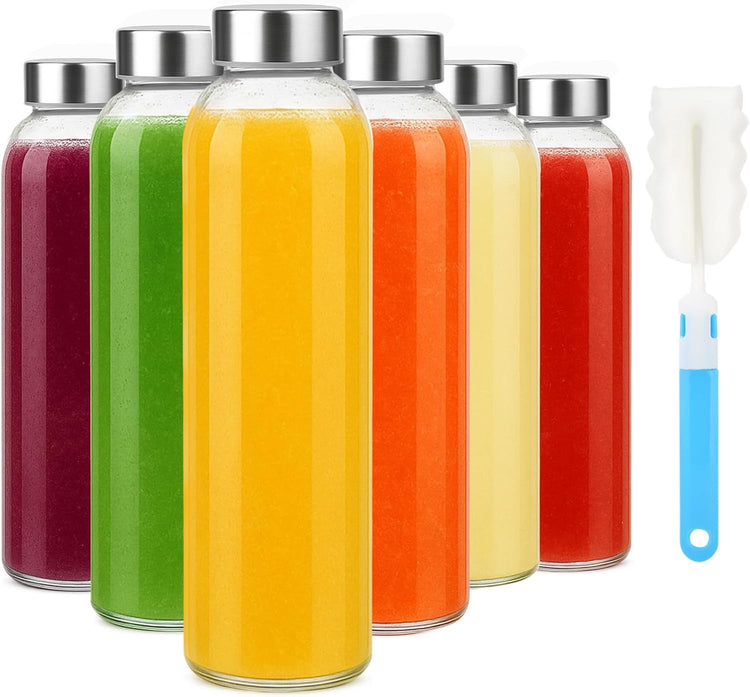 Sursip 18oz Glass Water Bottle Set of 6, Clear glass juice bottle for juicing,Reusable Drinking Bottles with Stainless Steel Lid,Beverage Storage Containers for Refrigerator-BPA Free,Leak Proof